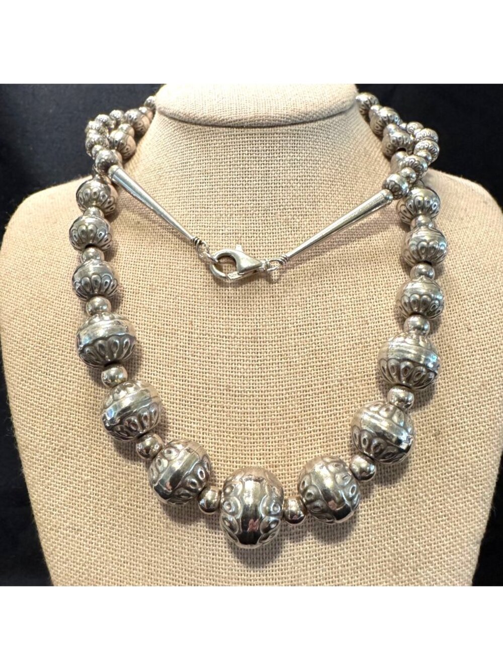 Sterling Silver 925 Textured Beaded Necklace Lobster Clasp Size 24" Length